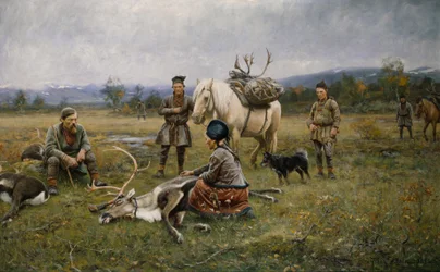 Lappit keräävät ammuttuja poroja, 1892